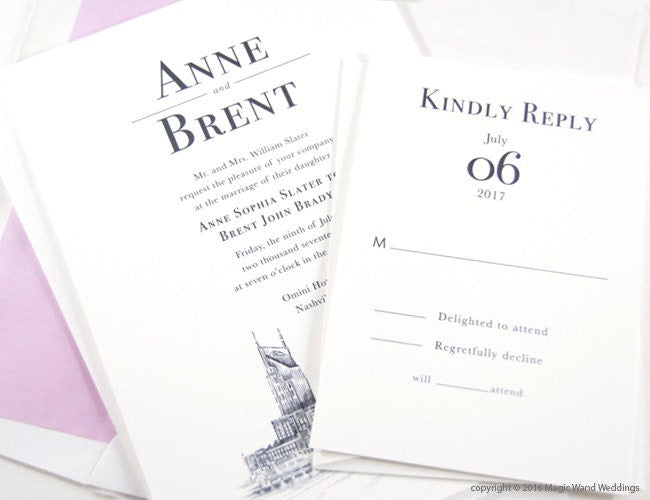 Nashville Water View Wedding Invitation, Nashville Tennessee Wedding (Sold in Sets of 10 Invitations, RSVP Cards + Envelopes)