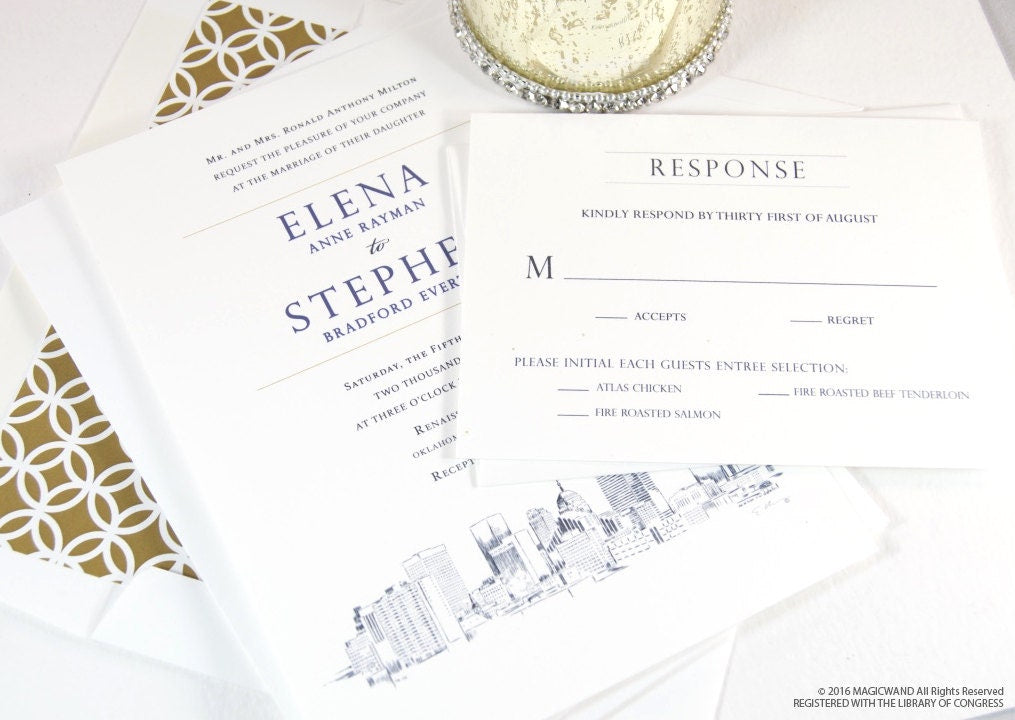 Oklahoma City Skyline Wedding Invitations Package (Sold in Sets of 10 Invitations, RSVP Cards + Envelopes)