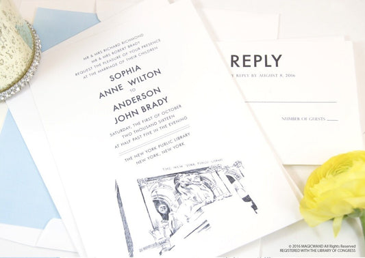 New York City Library Hand Drawn Wedding Invitations Package (Sold in Sets of 10 Invitations, RSVP Cards + Envelopes)