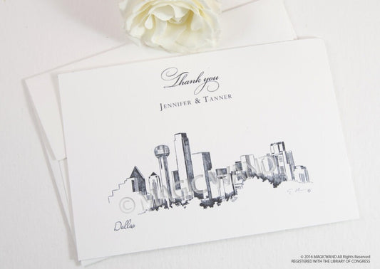 Dallas Skyline Wedding Thank You Cards, Personal Note Cards, Bridal Shower Thank you Cards (set of 25 cards)