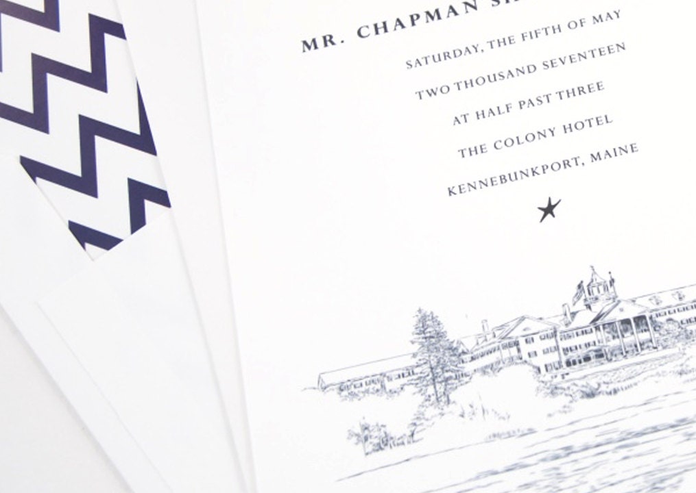 The Colony Hotel, Kennebunkport, Maine Hand Drawn Wedding Invitations Package (Sold in Sets of 10 Invitations, RSVP Cards + Envelopes)