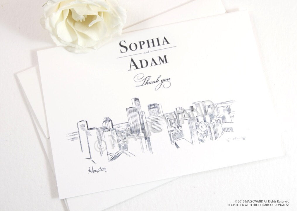 Houston Skyline Wedding Thank You Cards, Personal Note Cards, Bridal Shower Thank you Cards (set of 25 cards)