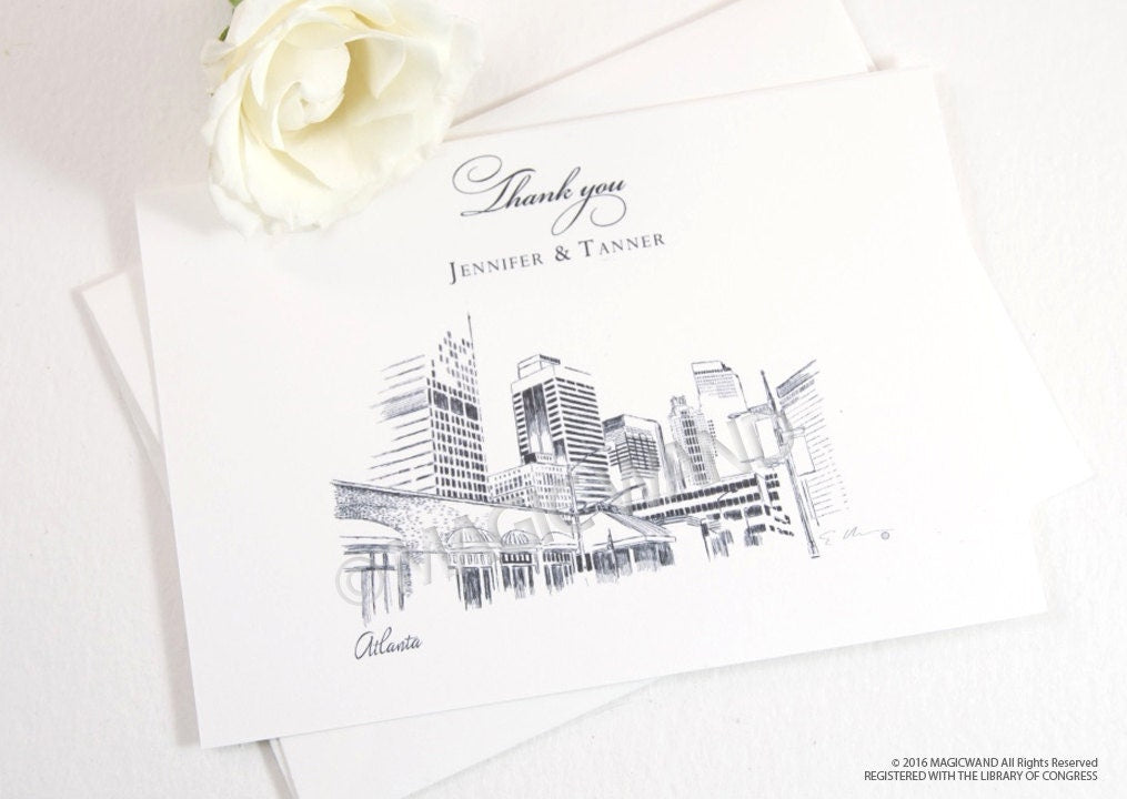 Atlanta Skyline Wedding Thank You Cards, Personal Note Cards, Bridal Shower Thank you Cards (set of 25 cards)