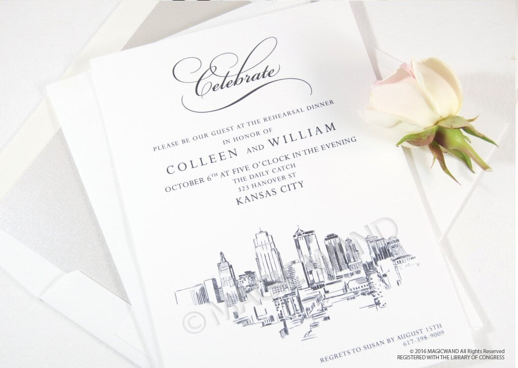 Kansas City Skyline Rehearsal Dinner Invitation Cards (set of 25 cards)