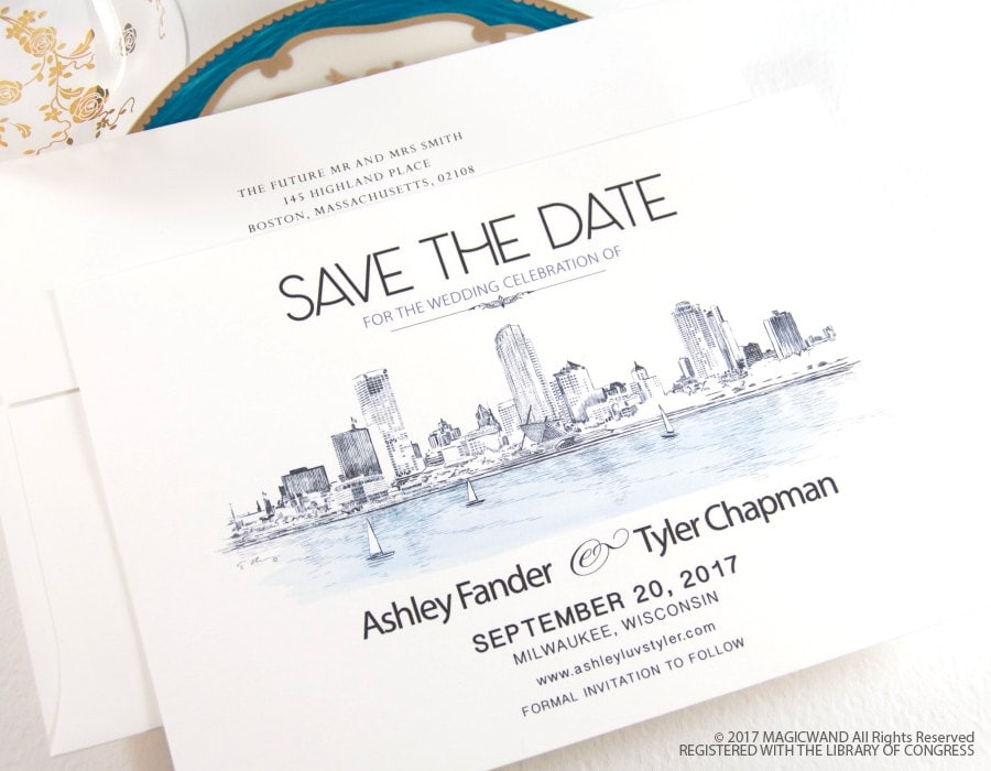 Milwaukee Wedding, Save the Date Cards, Save the Dates, Milwaukee 2017 Skyline, Northwestern Building (set of 25 cards & envelopes)