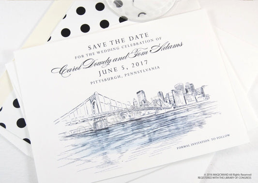 Pittsburgh Wedding Save the Date Cards, Save the Dates, Wedding, Hand Drawn (set of 25 cards)