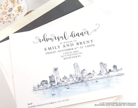 Milwaukee Skyline, Northwestern Building Rehearsal Dinner Invitations (set of 25 cards)