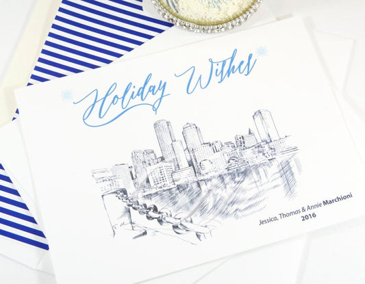 Boston Skyline Water View Christmas Cards, Holiday Cards, Xmas Cards, Holiday Party Invitations (Set of 25)