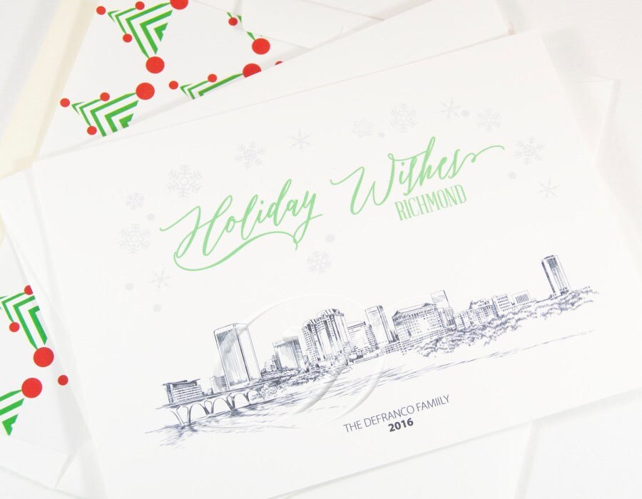 Richmond Skyline Christmas Cards, Virginia, Holiday Cards, Xmas Cards, Holiday Party Invitations (Set of 25)