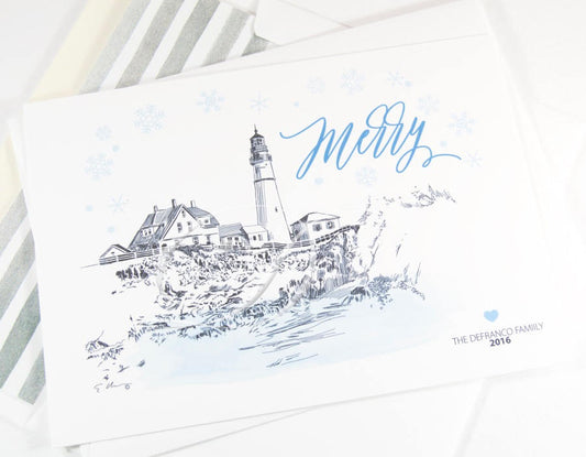 Portland Head Light House Skyline Christmas Cards, Maine, Holiday Cards, Xmas Cards, Holiday Party Invitations (Set of 25)