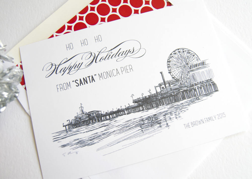 Santa Monica Pier Skyline Christmas Cards, California, Holiday Cards, Xmas Cards, Holiday Party Invitations (Set of 25)