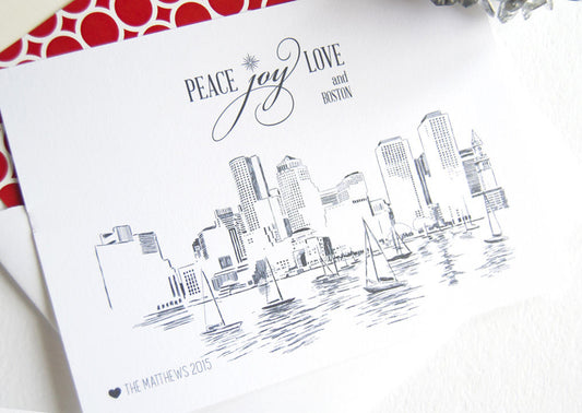Boston Skyline Christmas Cards, Holiday Cards, Xmas Cards, Holiday Party Invitations (Set of 25)