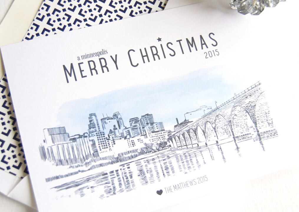 Minneapolis Skyline Christmas Cards, Minnesota, Holiday Cards, Xmas Cards, Holiday Party Invitations (Set of 25)