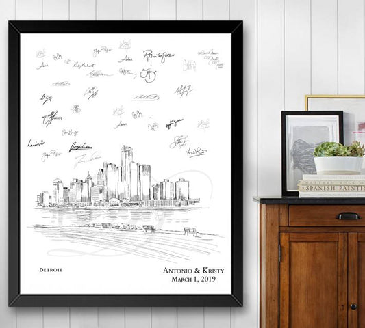 Detroit Skyline Guestbook Print, Michigan, Guest Book, Bridal Shower, Wedding, Custom, Alternative, Baby Shower, Family Reunion FREE PEN - Darlington Guestbooks