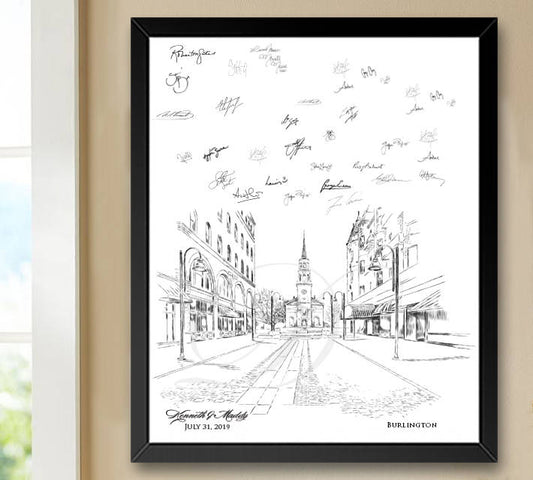 Burlington Skyline Guestbook Print, Vermont, Guest Book, Bridal Shower, Wedding, Custom, Alternative, Baby Shower, Family Reunion FREE PEN - Darlington Guestbooks