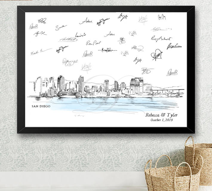 San Diego Skyline Guestbook Print, Guest Book, Bridal Shower, Wedding, Custom, Alternative, Baby Shower, Birthday, Family Reunion FREE PEN - Darlington Guestbooks