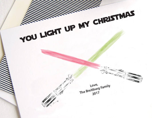 Star Wars Inspired Christmas Cards, Light Sabers Holiday Cards, Xmas Cards, Holiday Party Invitations (Set of 25)
