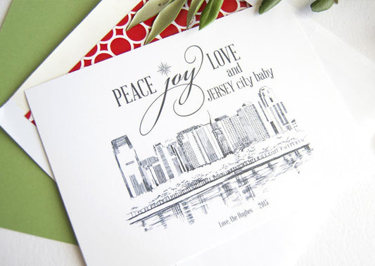 Jersey City Skyline Christmas Cards, New Jersey, Holiday Cards, Xmas Cards, Holiday Party Invitations (Set of 25)