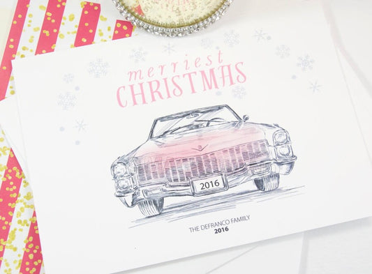 Vintage Pink Cadillac Christmas Cards, Holiday Cards, Xmas Cards, Holiday Party Invitations (Set of 25)