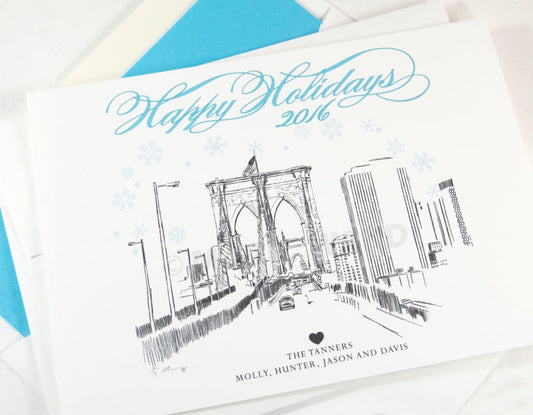 Brooklyn Skyline Christmas Cards, New York, Holiday Cards, Xmas Cards, Holiday Party Invitations (Set of 25)