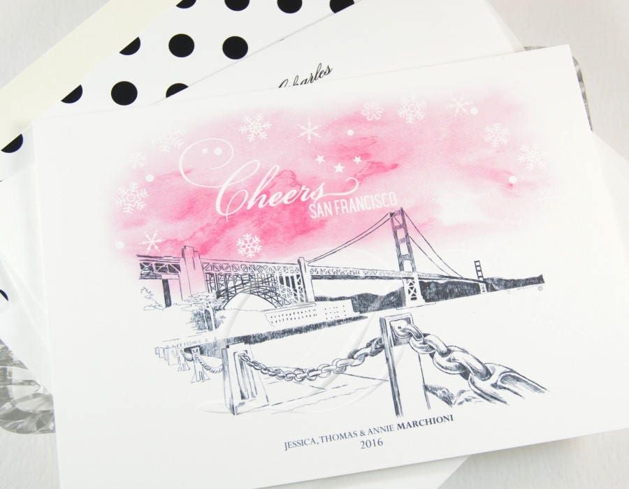 San Francisco Bridge Skyline Christmas Cards, Holiday Cards, Xmas Cards, Holiday Party Invitations (Set of 25)