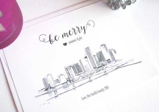 Miami Skyline Christmas Cards, Florida, Holiday Cards, Xmas Cards, Holiday Party Invitations (Set of 25)