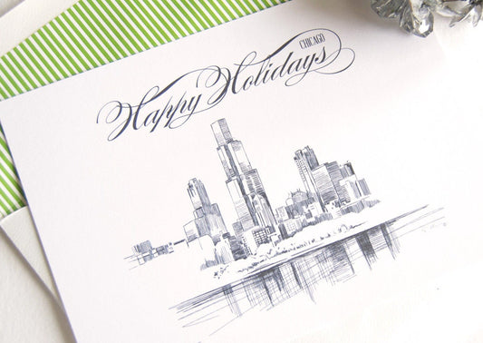 Chicago Skyline Christmas Cards, Holiday Cards, Xmas Cards, Holiday Party Invitations (Set of 25)