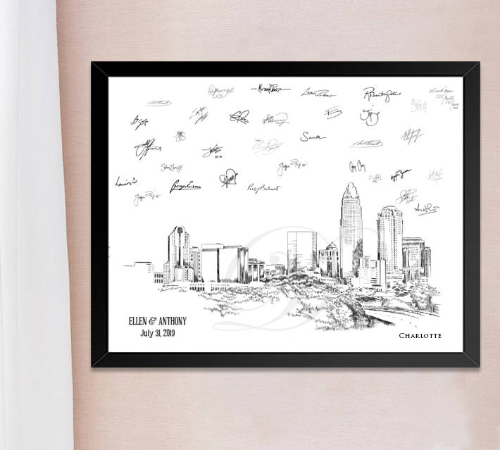 Charlotte Skyline Guestbook Print, North Carolina, Guest Book, Bridal Shower, Wedding, Custom, Alternative, Baby Shower, Family Reunion - Darlington Guestbooks