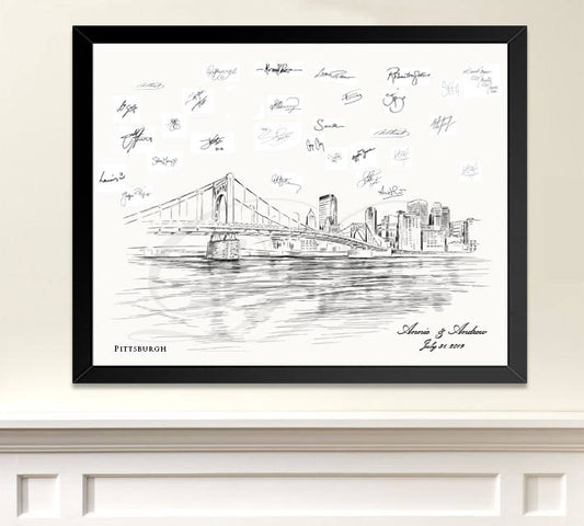 Pittsburgh Skyline Guestbook Print, Guest Book, Bridal Shower, Wedding, Custom, Alternative, Baby Shower, Family Reunion, birthday, FREE PEN - Darlington Guestbooks