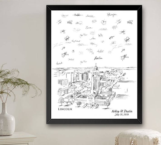 Lincoln Skyline Guestbook Print, Nebraska, Guest Book, Birthday Party, Reunion, Housewarming, Wedding, Custom, Alternative, Family Reunion FREE PEN - Darlington Guestbooks