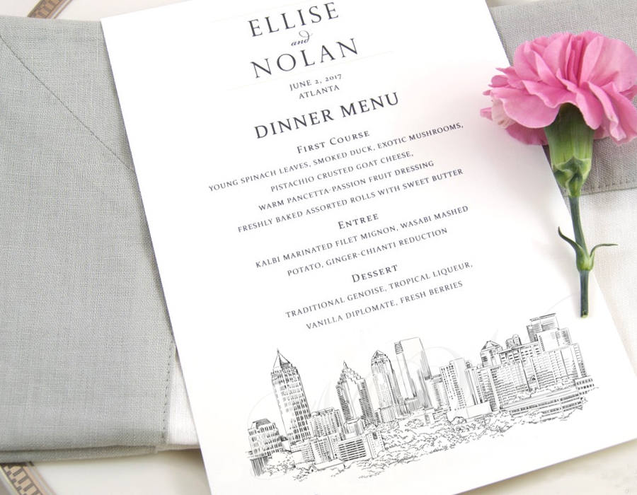 Atlanta Skyline Dinner Menus, Atlanta Wedding, Menu Cards (Sold in sets of 25)