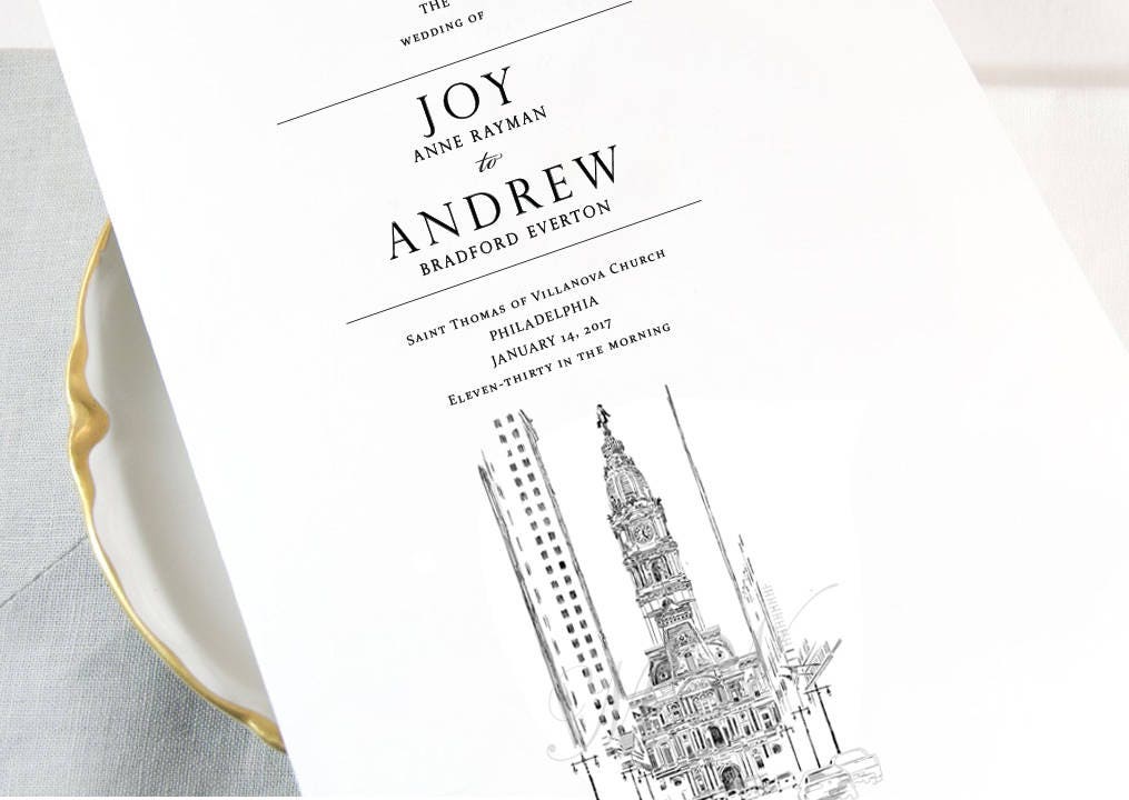 Philadelphia City Hall Skyline Wedding Programs, Philadelphia Wedding (set of 25 cards)