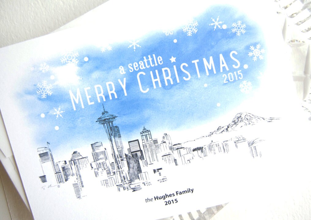 Seattle Skyline Christmas Cards with Watercolor, Holiday Cards, Xmas Cards, Holiday Party Invitations (Set of 25)