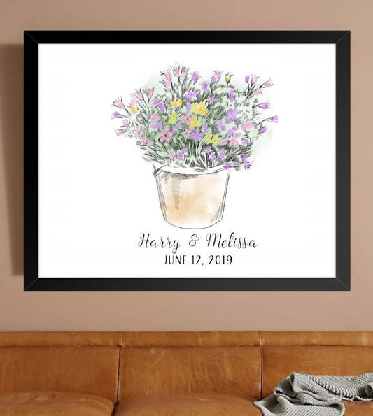 Wedding Guest Book Alternative Potted Pretty Flowers Thumbprint Print, Fingerprint Guestbook, Wedding, Bridal Shower, Baby Shower, Birthday