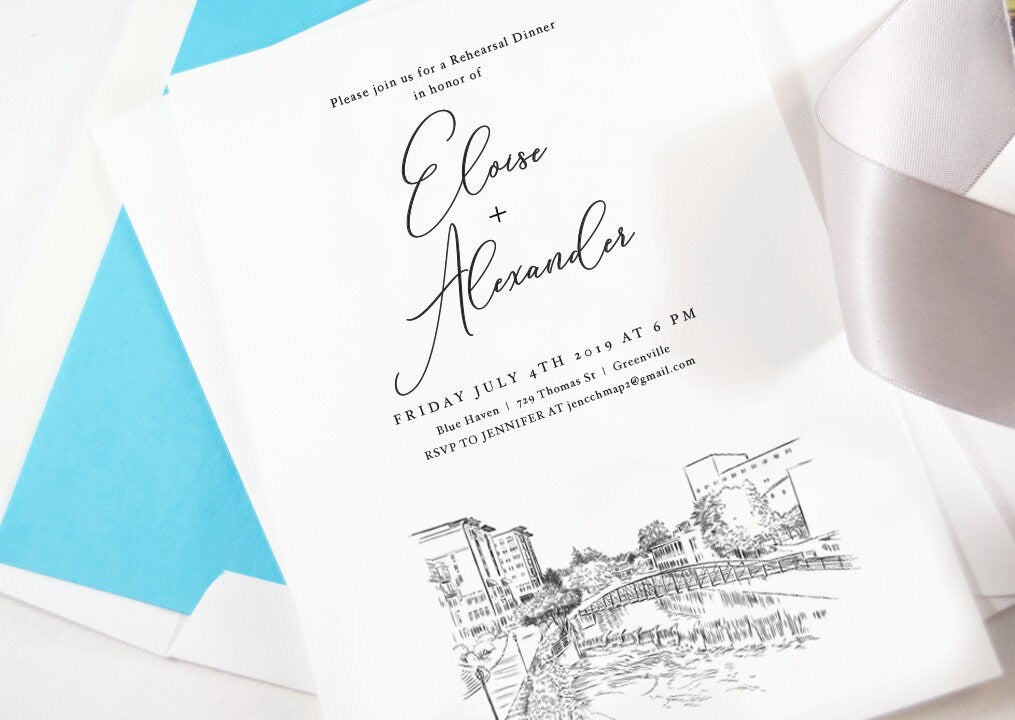 Greenville Skyline Rehearsal Dinner Invitations, South Carolina Wedding, Weddings, Rehearse, Invite, Rehearsal Card (set of 25)