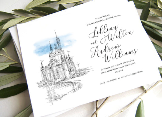 Disney World Castle Rehearsal Dinner Invitations, Cinderella's Castle, Orlando, Fairytale Weddings (set of 25 cards)