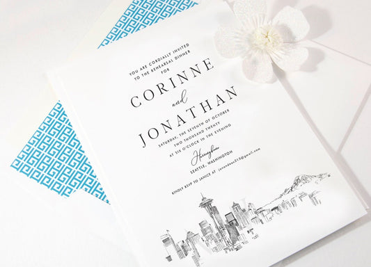 Seattle Rehearsal Dinner Invitations, Seattle Skyline, Wedding, Washington, Weddings, Rehearse, Wedding Invite (set of 25 cards)