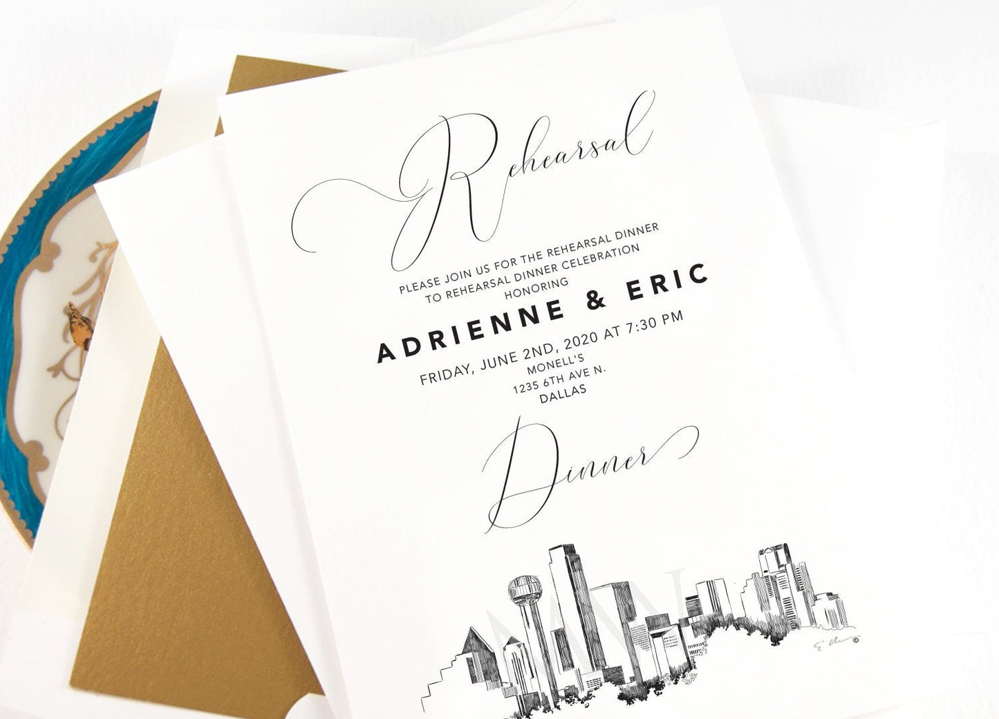 Dallas Rehearsal Dinner Invitations, Dallas Skyline, Wedding, Texas, Weddings, Rehearse, Wedding Invite (set of 25 cards)