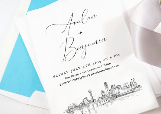 Dallas Rehearsal Dinner Invitations, Texas Skyline, Dallas Wedding, Weddings, Rehearse, Wedding Invite (set of 25 cards)