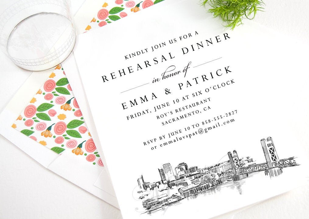 Sacramento Rehearsal Dinner Invitations, Sacramento Skyline, Sacramento Wedding, Weddings, Rehearse, California, Invite (set of 25 cards)