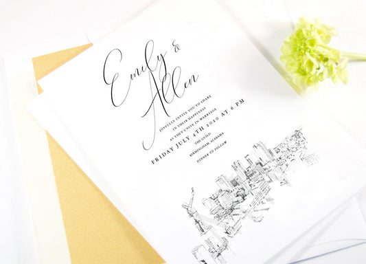 Birmingham Skyline Wedding Invitation, Alabama Wedding, Birmingham Skyline Invite, Vulcan  (Sold in Sets of 10 Invitations + Envelopes)