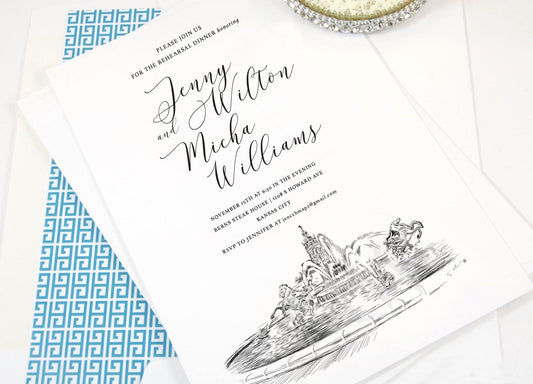 Kansas City Fountain Rehearsal Dinner Invitations, Missouri Skyline, Wedding, Weddings, Rehearse, Wedding Invite (set of 25 cards)