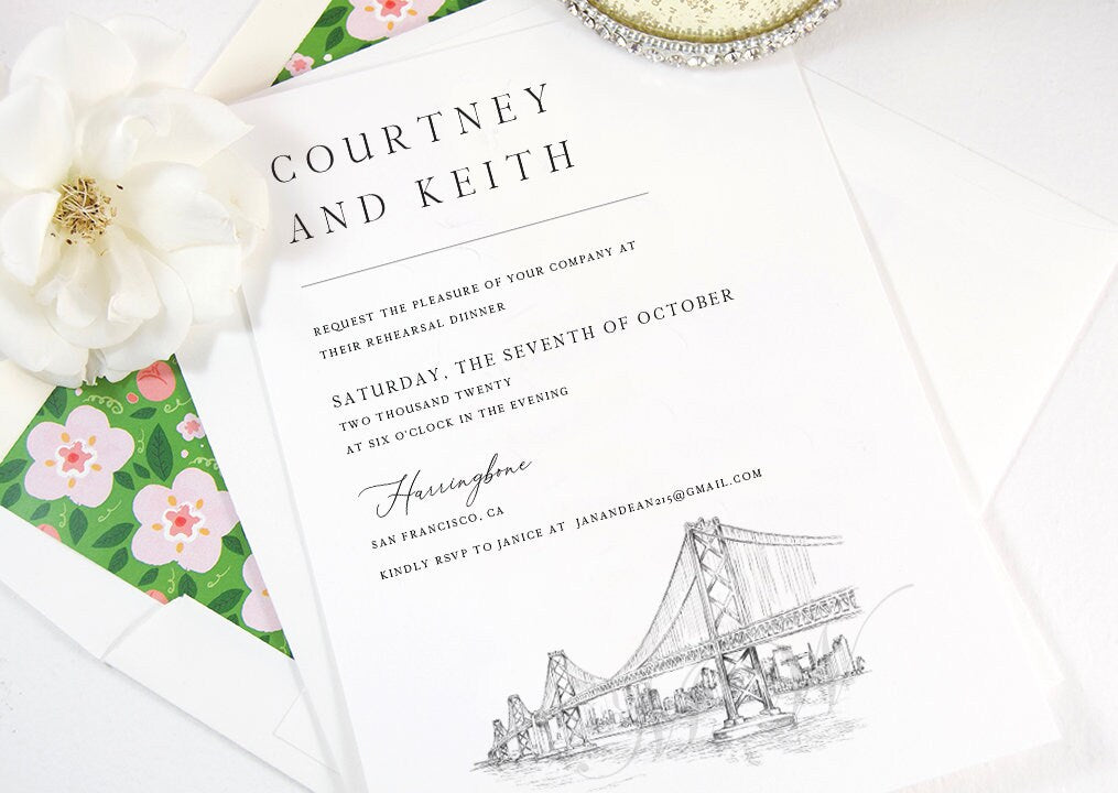 San Francisco Rehearsal Dinner Invitations, San Francisco, CA Bridge Skyline, San Fran Wedding, Weddings, Rehearse, Invite (set of 25 cards)