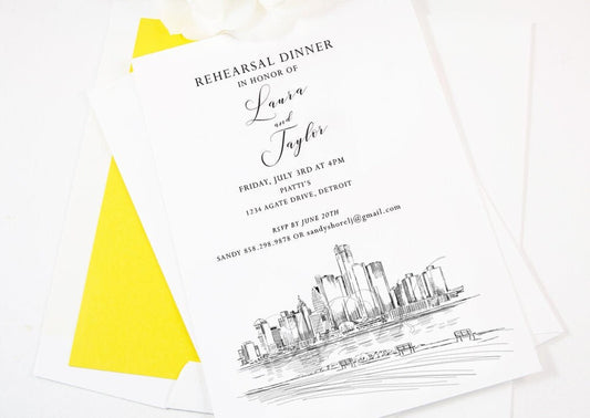 Detroit Rehearsal Dinner Invitations, Detroit Skyline, Michigan Wedding, Weddings, Rehearse, Invite (set of 25 cards)