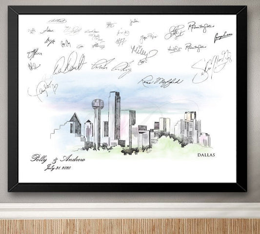 Dallas Watercolor Skyline Guestbook Print, Guest Book, Dallas, TX, Bridal Shower, Wedding, Custom, Alternative Guest Book, Sign in