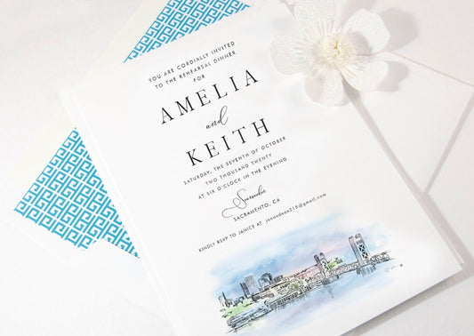 Sacramento Skyline Watercolor Rehearsal Dinner Invitations, Sacramento, CA Wedding, Weddings, Rehearse, Wedding Invite, Cards