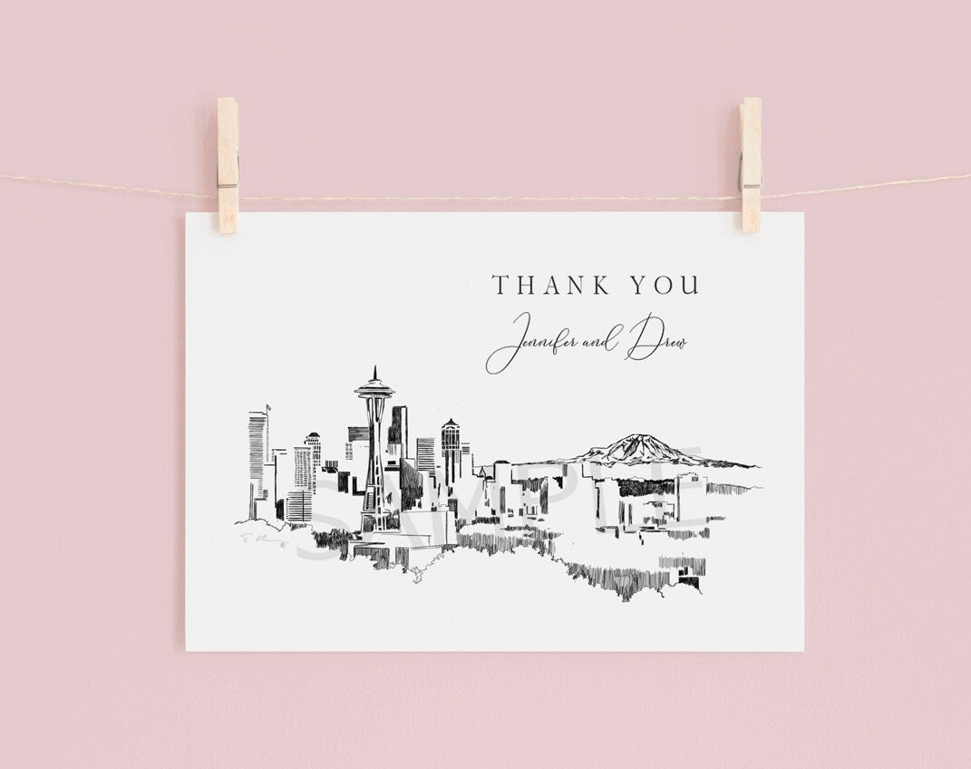 Seattle Skyline Wedding Thank You Cards, Personal Note Cards, Bridal Shower Thank you Cards, Corporate, Washington (set of 25 cards)