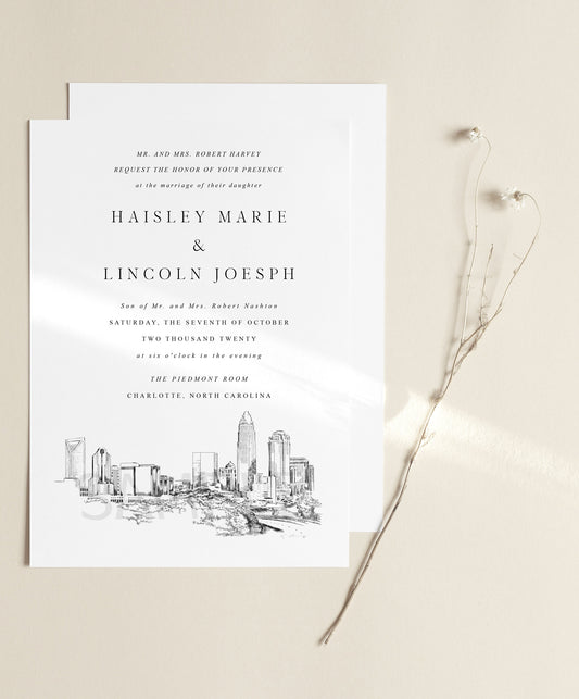 Charlotte Wedding Invitation, Skyline, North Carolina Wedding, Charlotte Wedding (Sold in Sets of 10 Online RSVP Cards & Invitations)