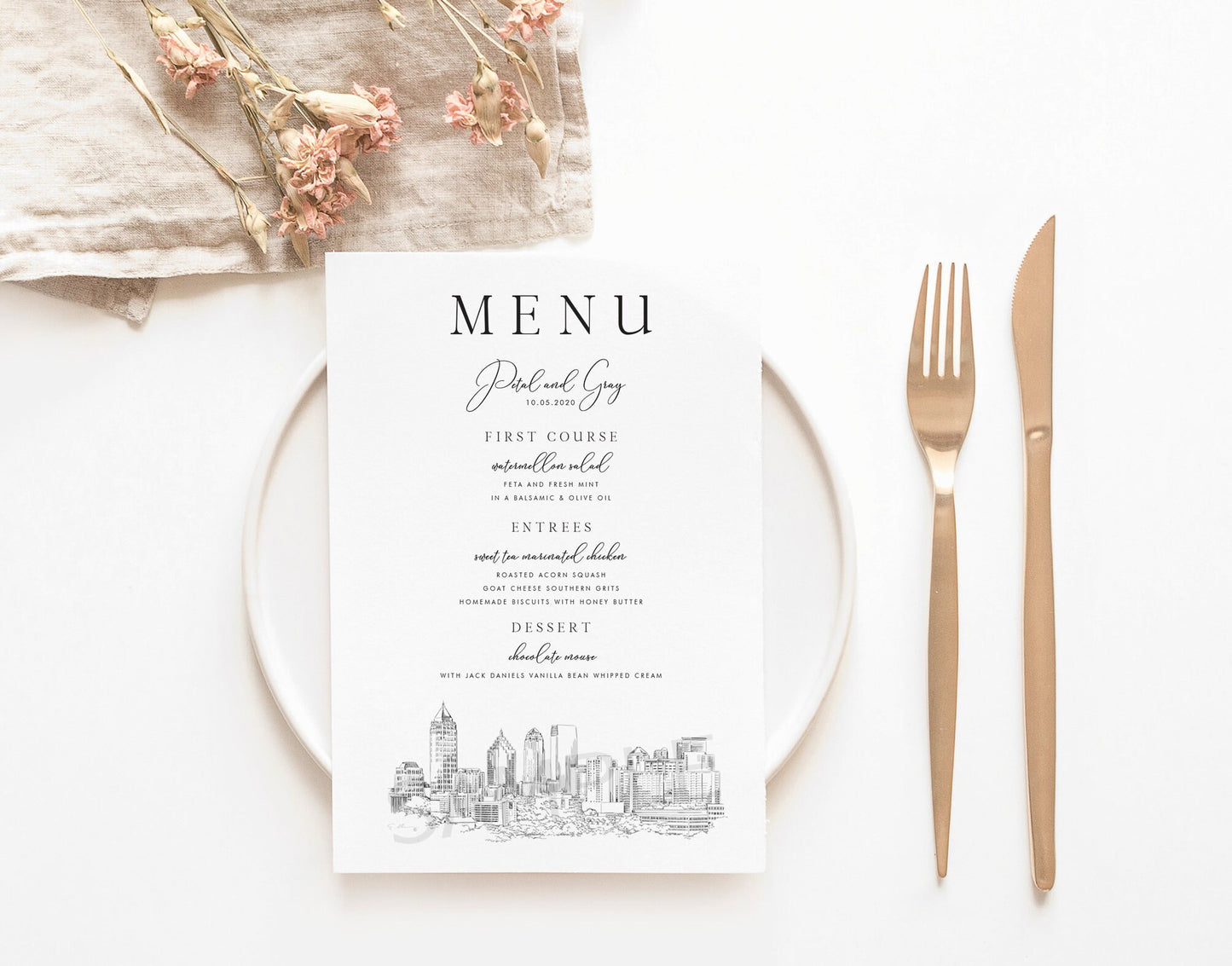 Atlanta Skyline Menu Cards, Wedding, Dinner Menus, Corporate Events, Parties (Sold in sets of 25)