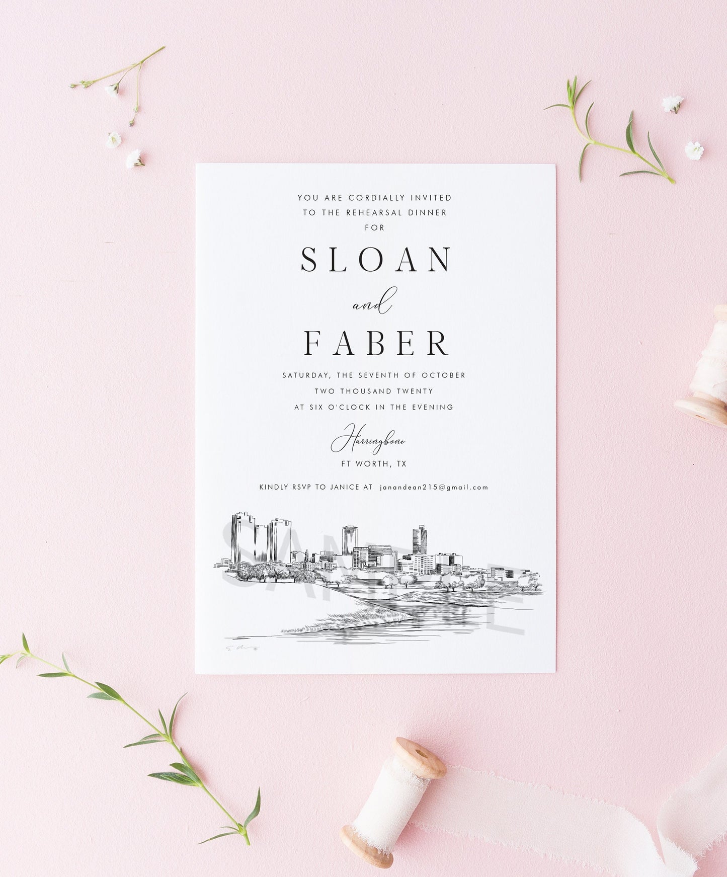 Ft Worth, TX Rehearsal Dinner Invitations, Ft Worth Skyline, Fort Worth Texas Wedding, Weddings, Rehearse, Invite (set of 25 cards)